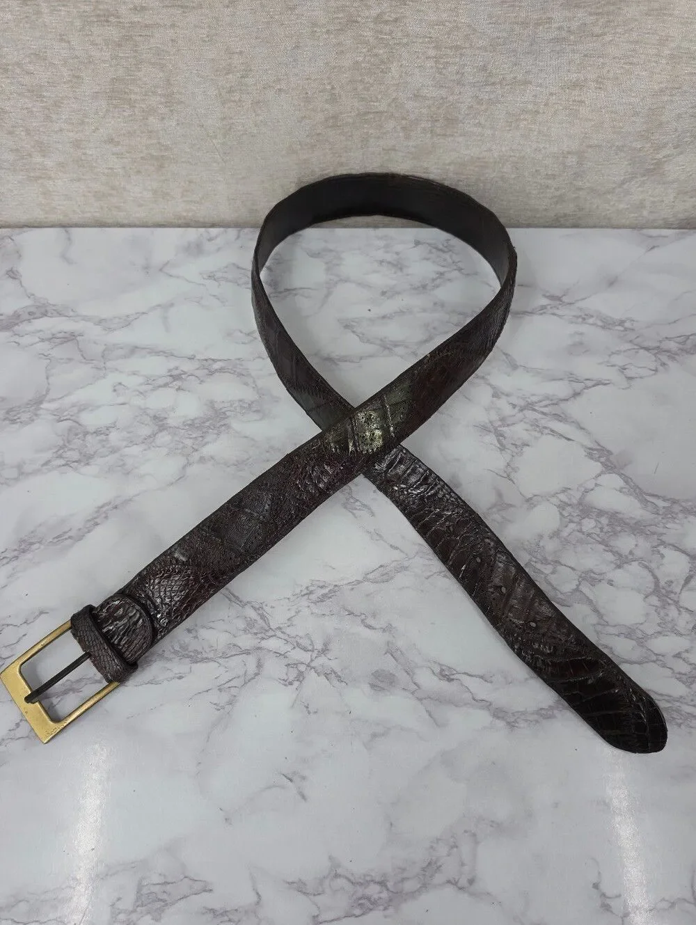 Caiman Dark Brown Leather Belt with Brass Buckle Vintage Alligator